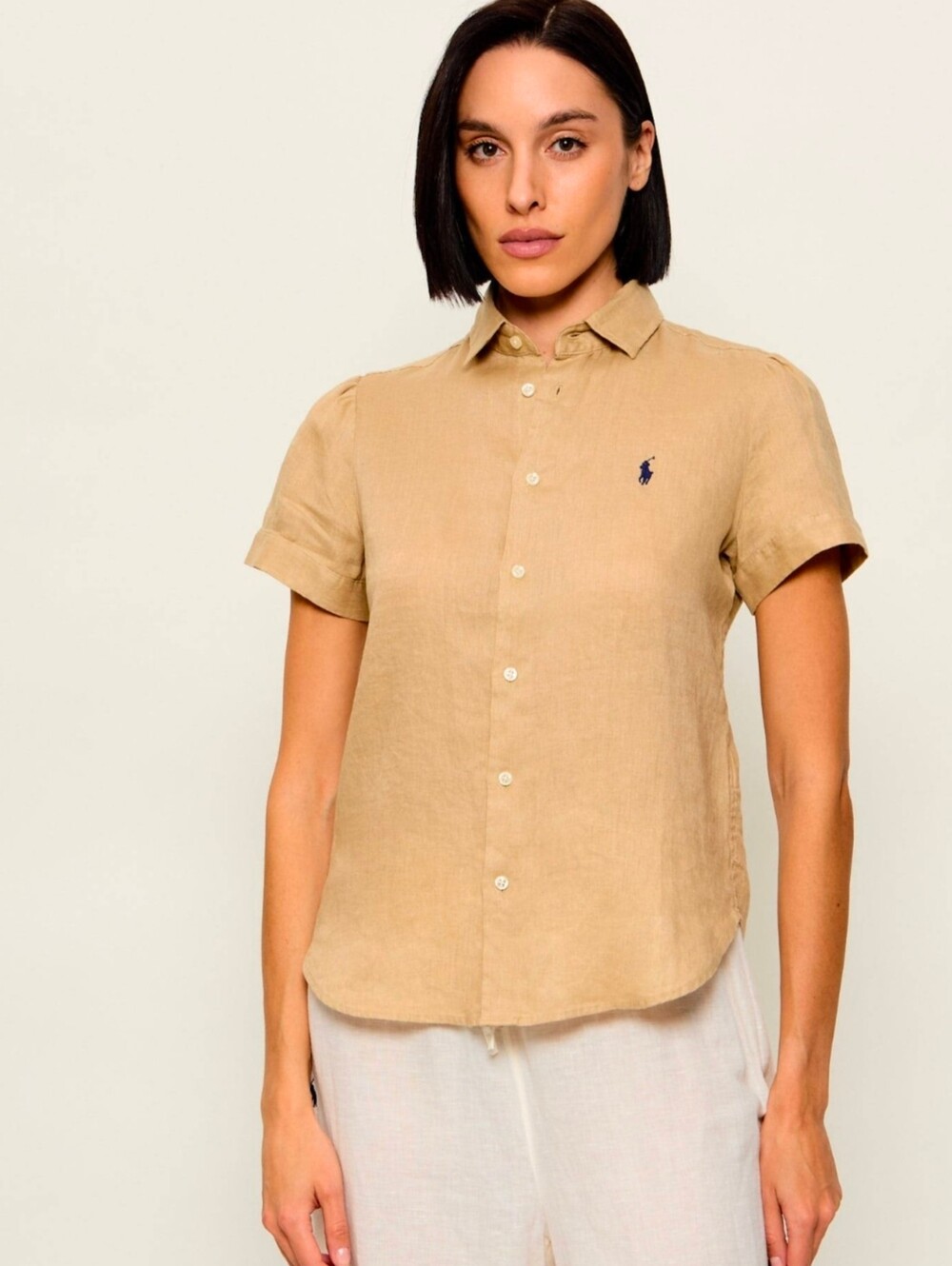 Polo Ralph Lauren Embroidered-logo Short-sleeve 100% Linen Shirt Women Beige